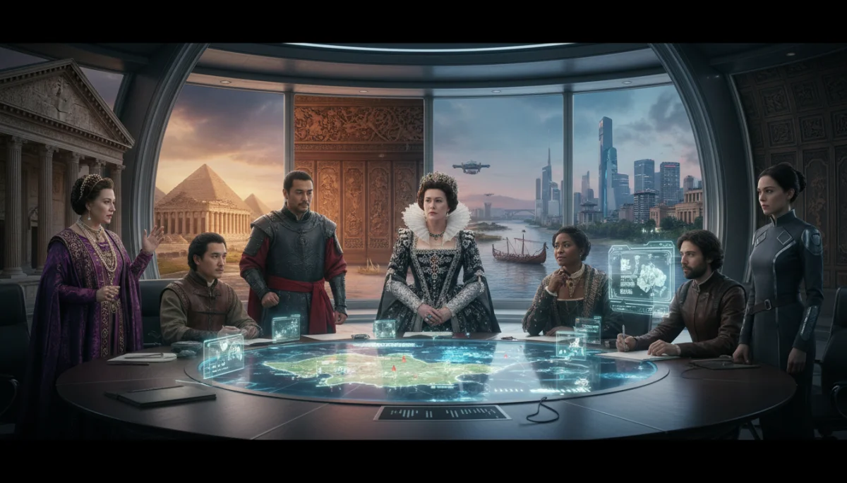 Escena dramática de una serie histórica global ficticia de 2026, destacando la diversidad y precisión histórica.