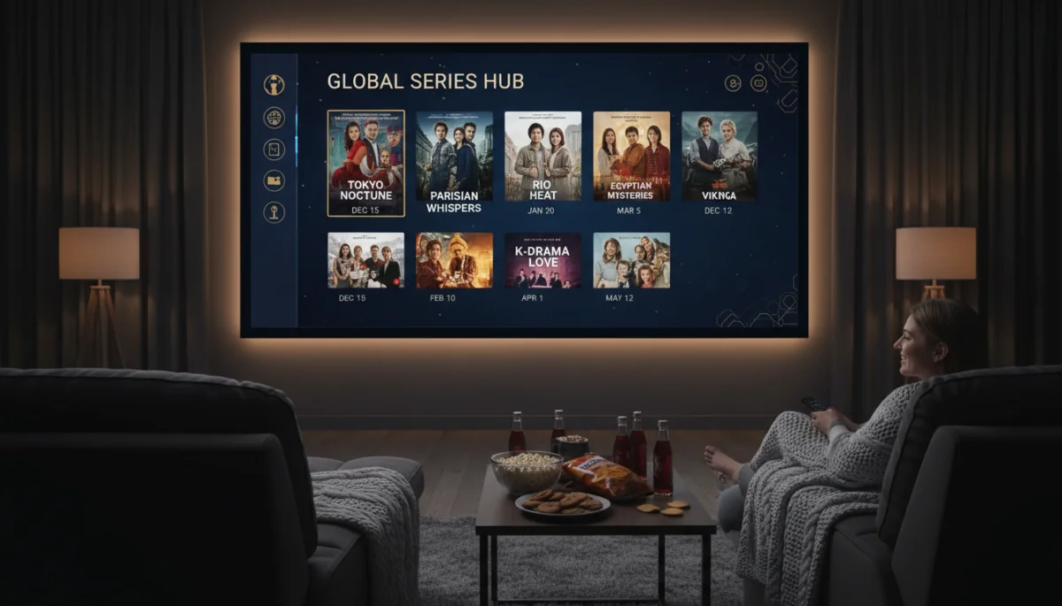 Persona disfrutando de series internacionales en una plataforma de streaming desde casa.