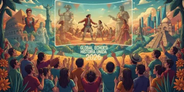Espectadores mexicanos inmersos en una serie histórica global de 2026, con elementos visuales de diversas culturas y épocas.