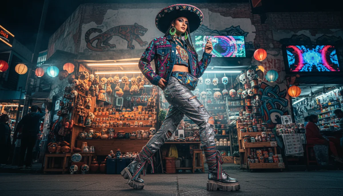 Modelo con atuendo urbano cyber-folclórico en un mercado mexicano nocturno, combinando tradición y modernidad.