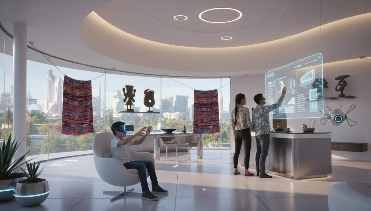 Familia mexicana en un hogar futurista interactuando con tecnología inteligente y realidad virtual.