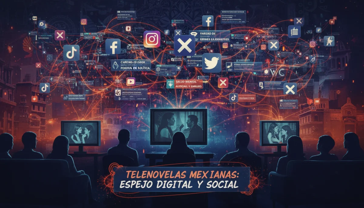 Gráfico que representa el impacto de las redes sociales y temas sociales en los dramas mexicanos modernos, con iconos y siluetas de espectadores.
