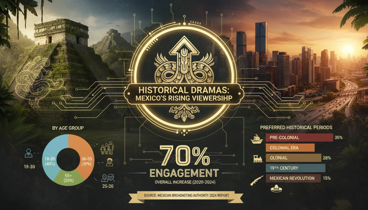 Infografía del aumento de audiencia de series históricas en México, mostrando el impacto cultural y demográfico.