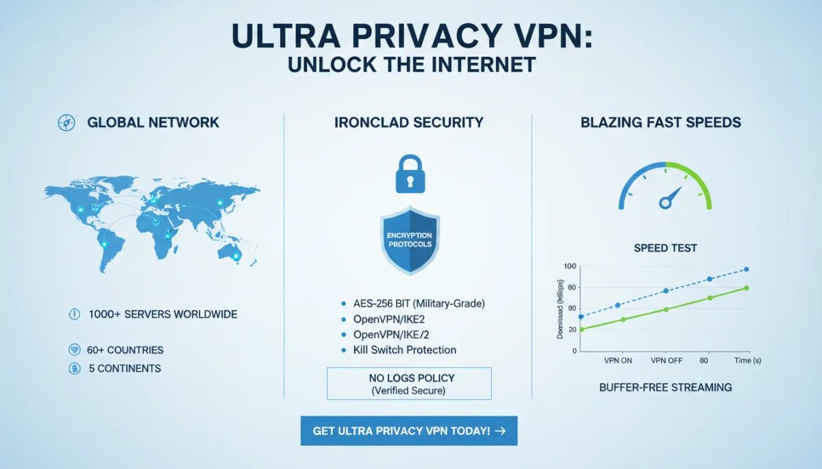 Infografía comparativa de funciones clave y rendimiento de VPN para streaming.