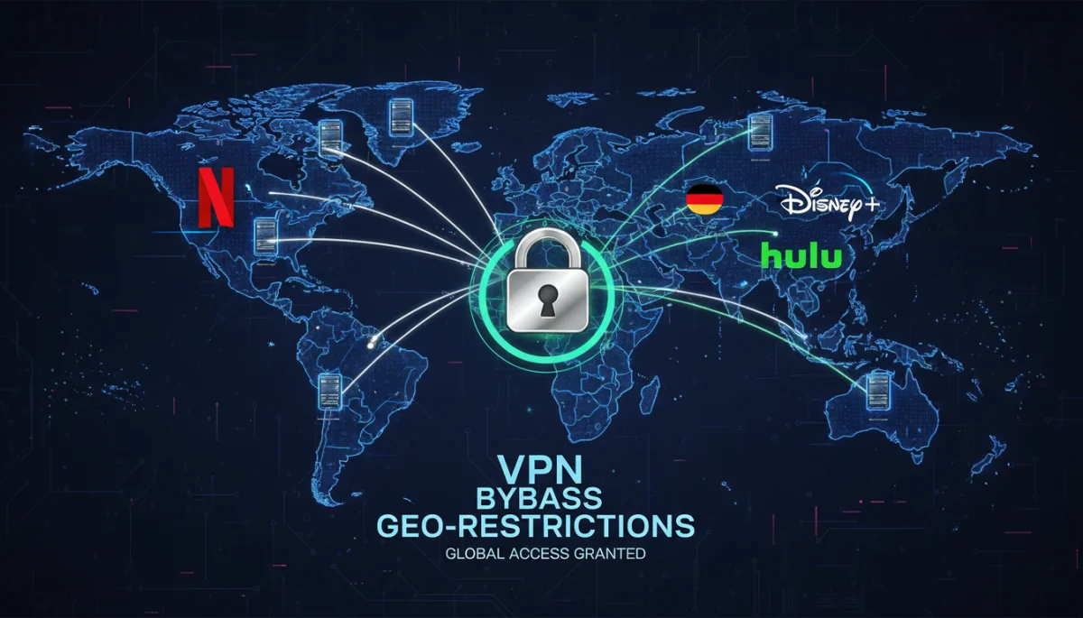 Mapa global mostrando el desbloqueo de servicios de streaming con VPN y seguridad.