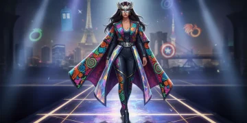 Modelo mexicana desfilando con atuendo que fusiona textiles tradicionales y diseño futurista, influenciado por series globales.