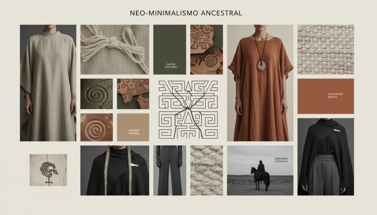 Collage de inspiración para el neo-minimalismo ancestral, fusionando arte prehispánico y moda contemporánea.