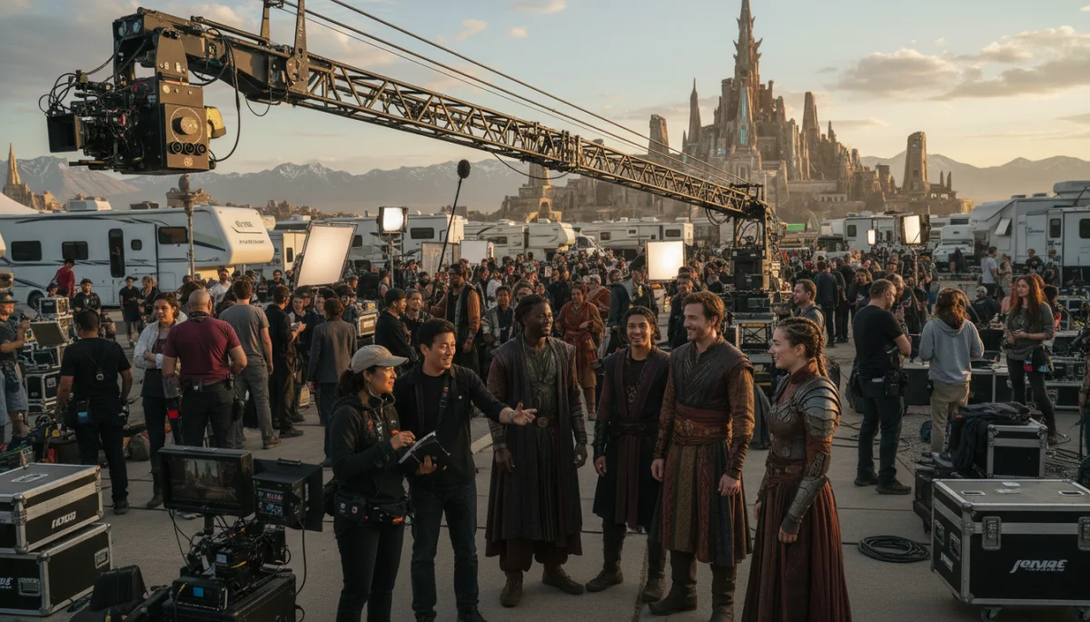 Equipo de producción internacional trabajando en el set de una serie de alto presupuesto.