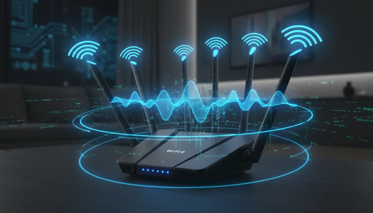 Router Wi-Fi 6 de última generación con antenas, optimizando la señal.