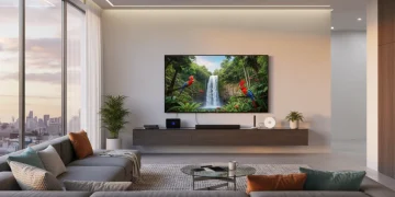 Sala moderna con Smart TV de última generación mostrando contenido en streaming y dispositivos conectados.