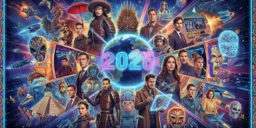 Cartel promocional de las series internacionales más esperadas de 2026, con elementos futuristas y culturales mexicanos.