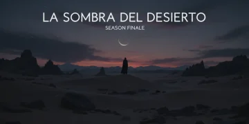Figura misteriosa en un desierto sombrío al atardecer, simbolizando el final de 'La Sombra del Desierto'.