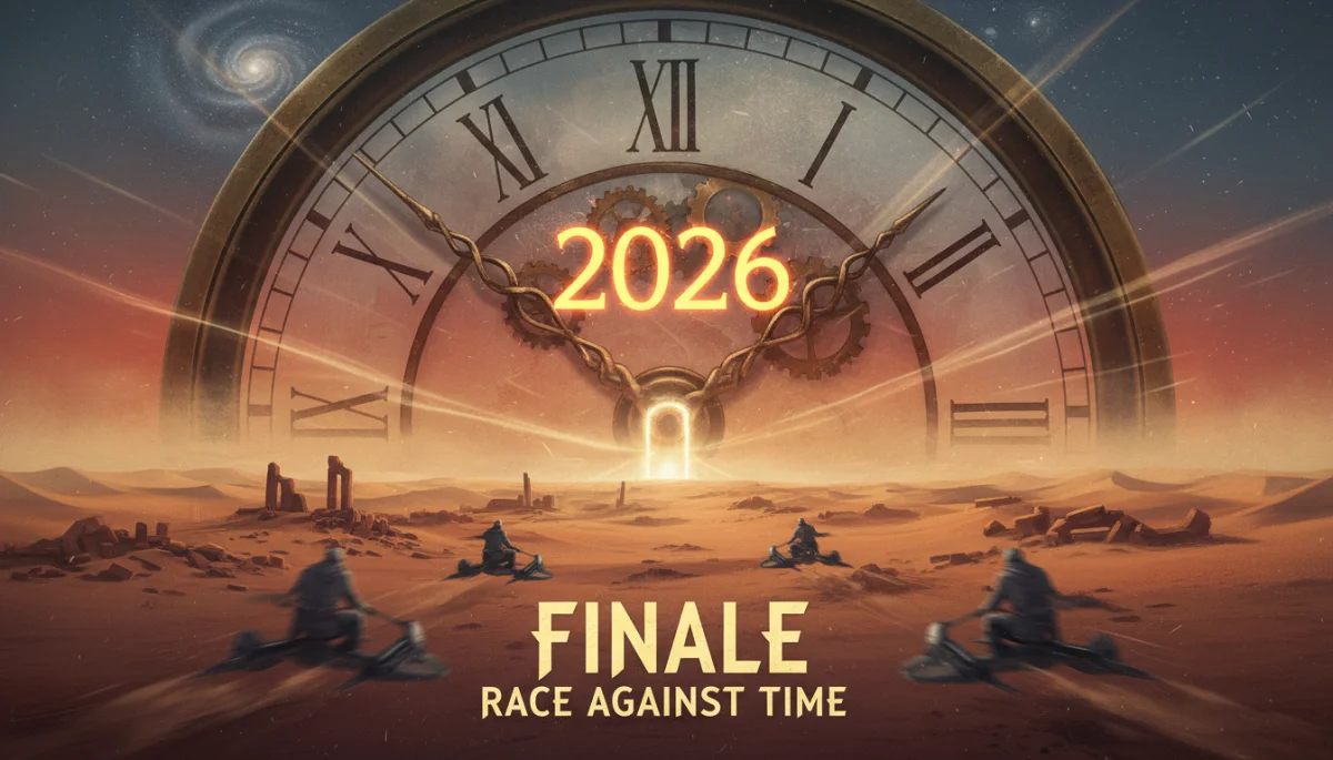 Reloj marcando el tiempo sobre un paisaje desértico, simbolizando el inminente final de la serie.